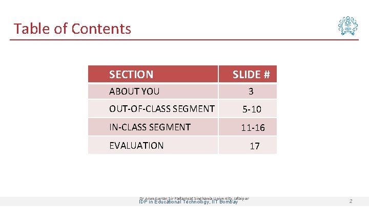 Table of Contents SECTION SLIDE # ABOUT YOU OUT-OF-CLASS SEGMENT IN-CLASS SEGMENT EVALUATION 3