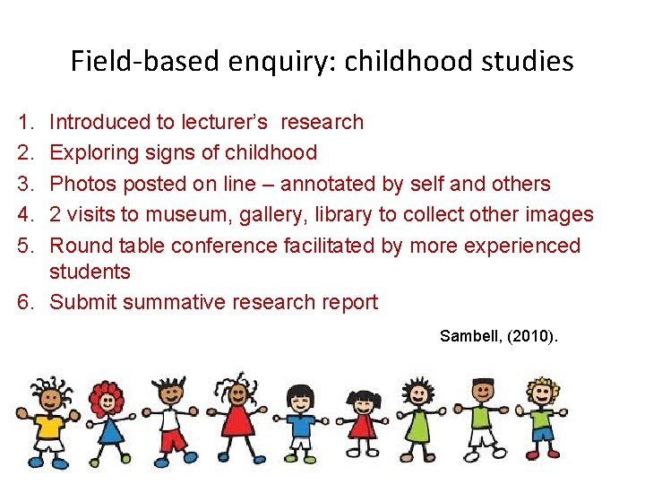 Field-based enquiry: childhood studies 1. 2. 3. 4. 5. Introduced to lecturer’s research Exploring