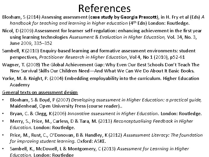 References Bloxham, S (2014) Assessing assessment (case study by Georgia Prescott), in H. Fry