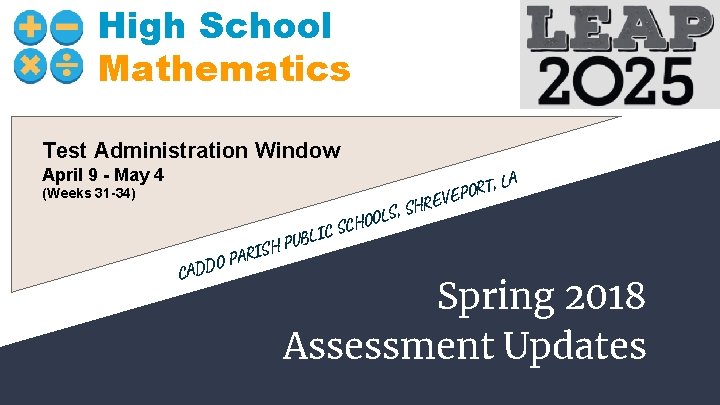 High School Mathematics Test Administration Window April 9 - May 4 (Weeks 31 -34)