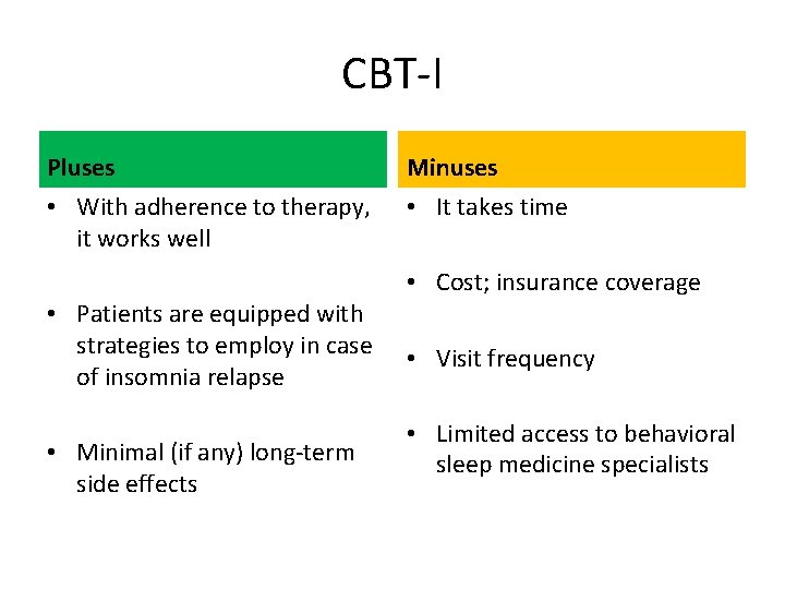 CBT-I Pluses Minuses • With adherence to therapy, it works well • It takes