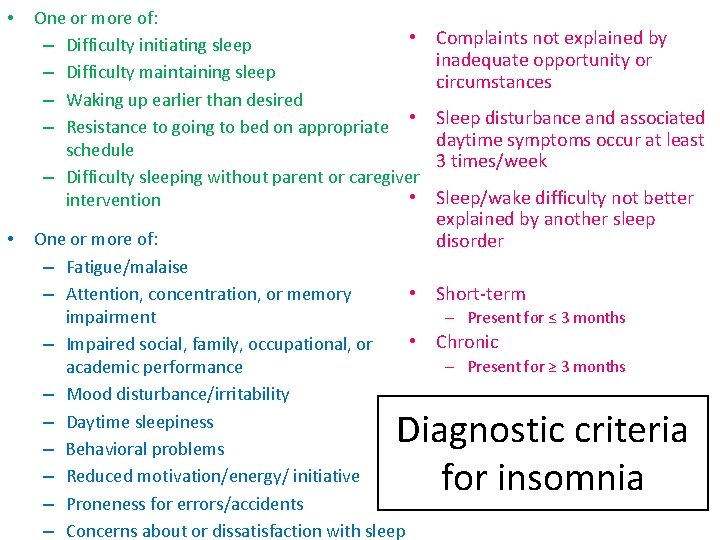  • • One or more of: • – Difficulty initiating sleep – Difficulty