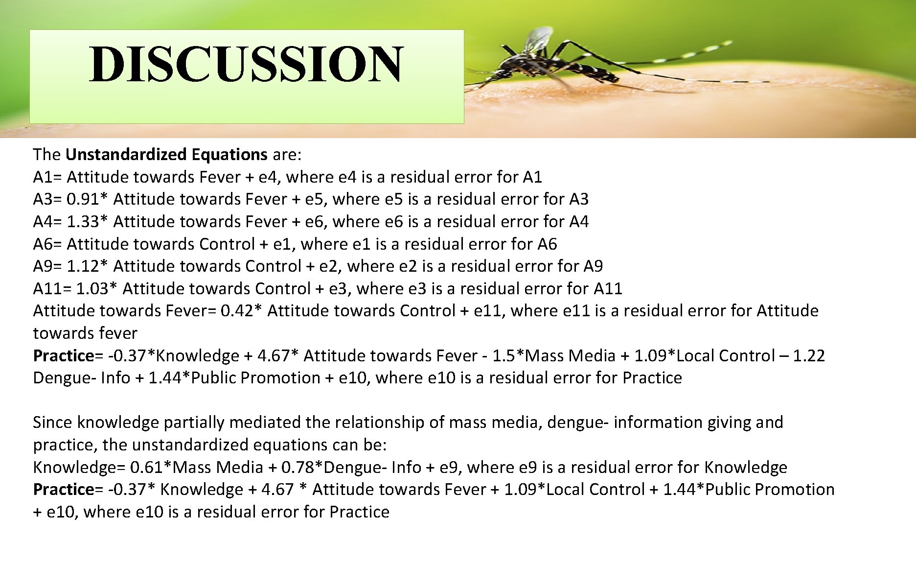 DISCUSSION The Unstandardized Equations are: A 1= Attitude towards Fever + e 4, where