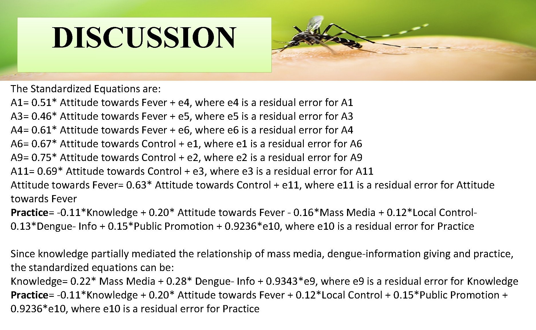 DISCUSSION The Standardized Equations are: A 1= 0. 51* Attitude towards Fever + e