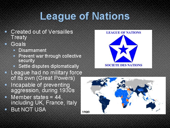 League of Nations § Created out of Versailles Treaty § Goals § Disarmament §