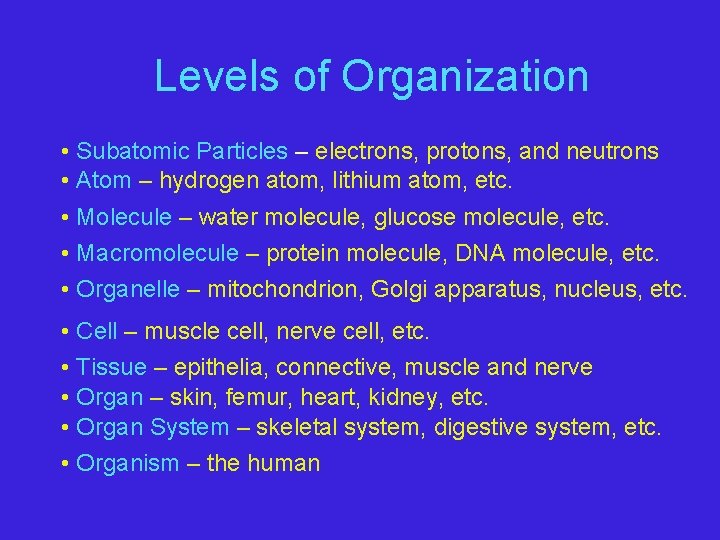 Levels of Organization • Subatomic Particles – electrons, protons, and neutrons • Atom –