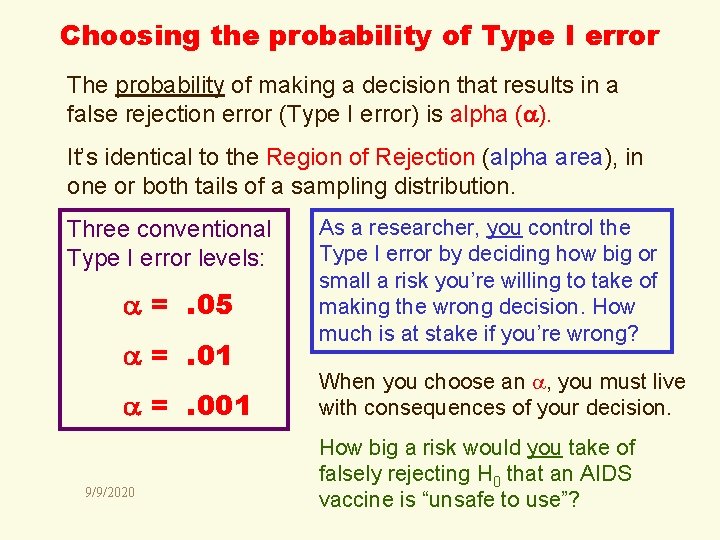 Choosing the probability of Type I error The probability of making a decision that