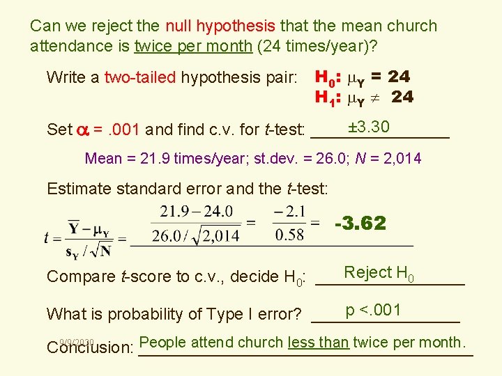 Can we reject the null hypothesis that the mean church attendance is twice per
