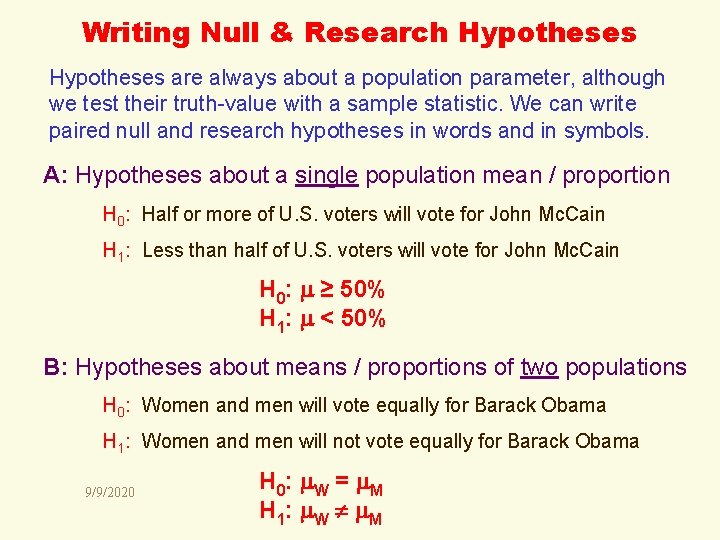 Writing Null & Research Hypotheses are always about a population parameter, although we test