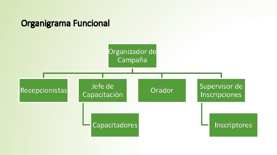 Organigrama Funcional Organizador de Campaña Recepcionistas Jefe de Capacitación Capacitadores Orador Supervisor de Inscripciones