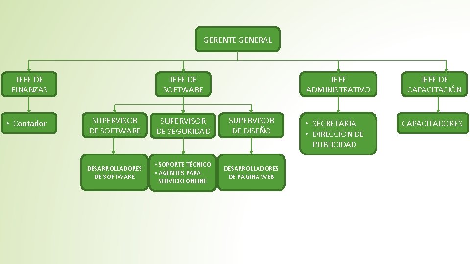 GERENTE GENERAL JEFE DE FINANZAS • Contador JEFE DE SOFTWARE SUPERVISOR DE SEGURIDAD SUPERVISOR