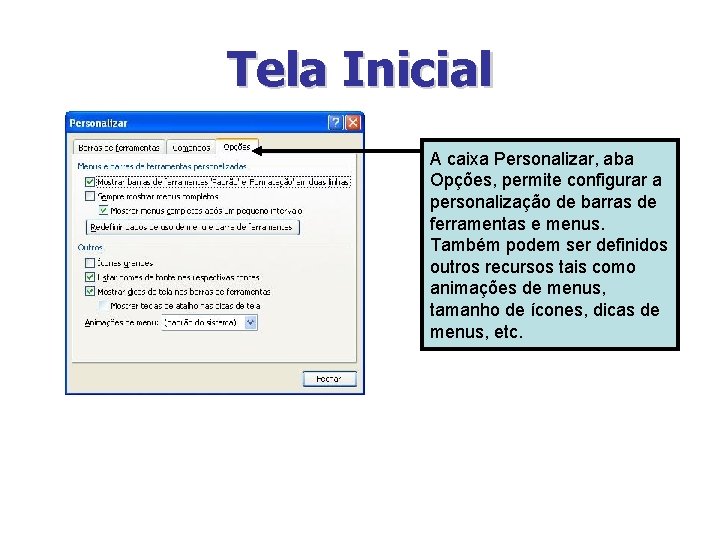 Tela Inicial A caixa Personalizar, aba Opções, permite configurar a personalização de barras de