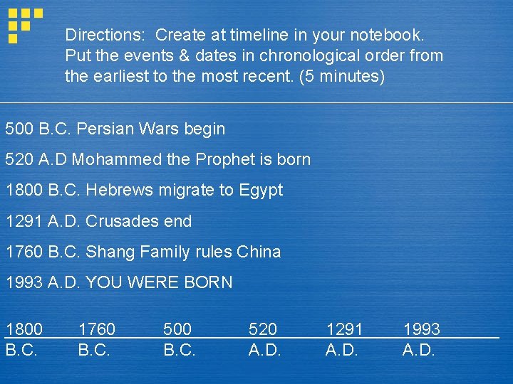 Directions: Create at timeline in your notebook. Put the events & dates in chronological