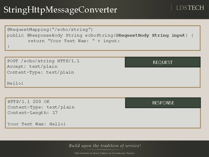 String. Http. Message. Converter @Request. Mapping("/echo/string") public @Response. Body String echo. String(@Request. Body String