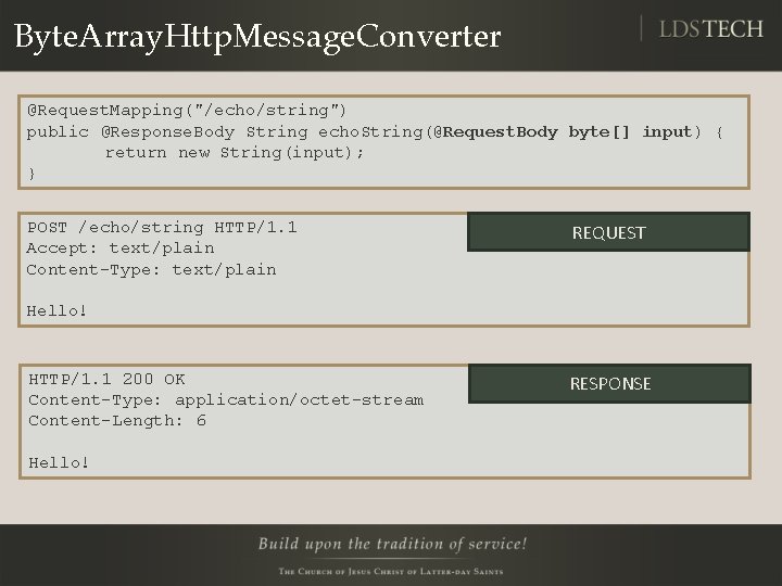 Byte. Array. Http. Message. Converter @Request. Mapping("/echo/string") public @Response. Body String echo. String(@Request. Body