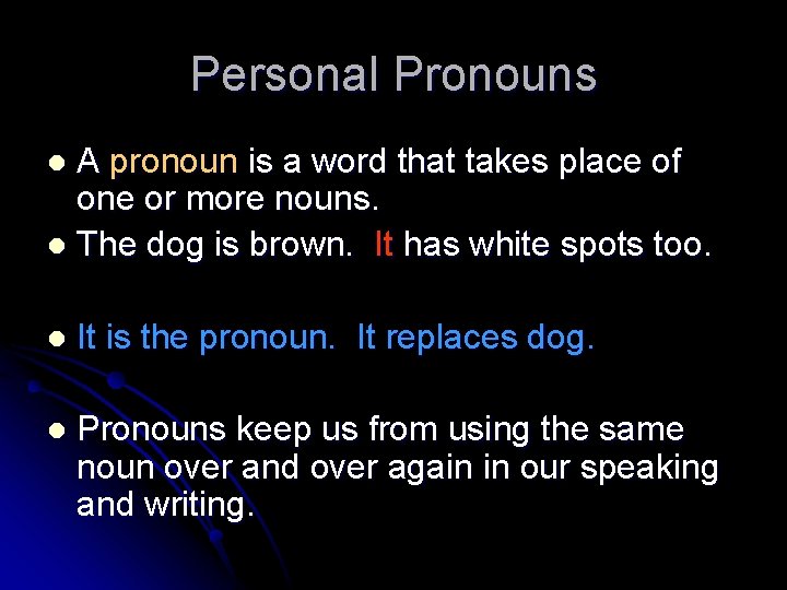 Personal Pronouns A pronoun is a word that takes place of one or more