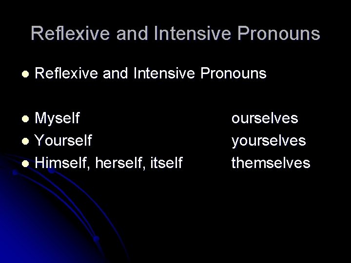 Reflexive and Intensive Pronouns l Reflexive and Intensive Pronouns Myself l Yourself l Himself,