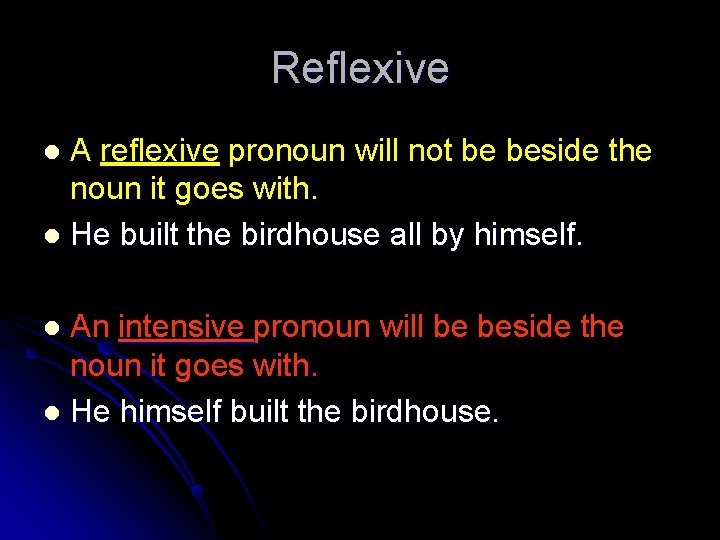 Reflexive A reflexive pronoun will not be beside the noun it goes with. l