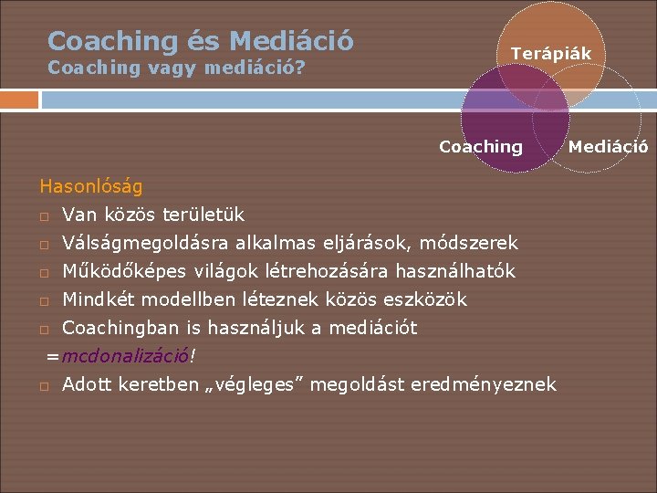 Coaching és Mediáció Terápiák Coaching vagy mediáció? Coaching Hasonlóság Van közös területük Válságmegoldásra alkalmas