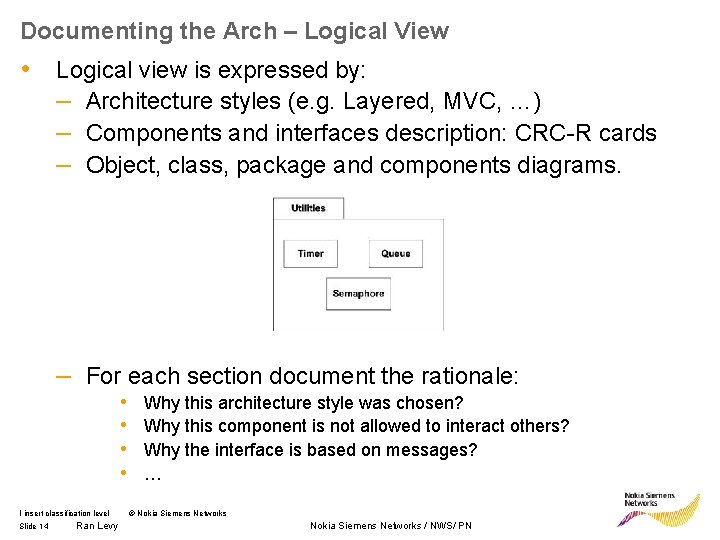 Documenting the Arch – Logical View • Logical view is expressed by: – Architecture