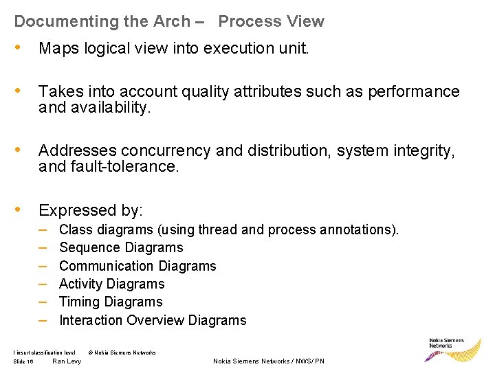 Documenting the Arch – Process View • Maps logical view into execution unit. •