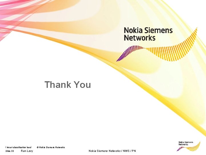 Thank You I insert classification level Slide 33 Ran Levy © Nokia Siemens Networks