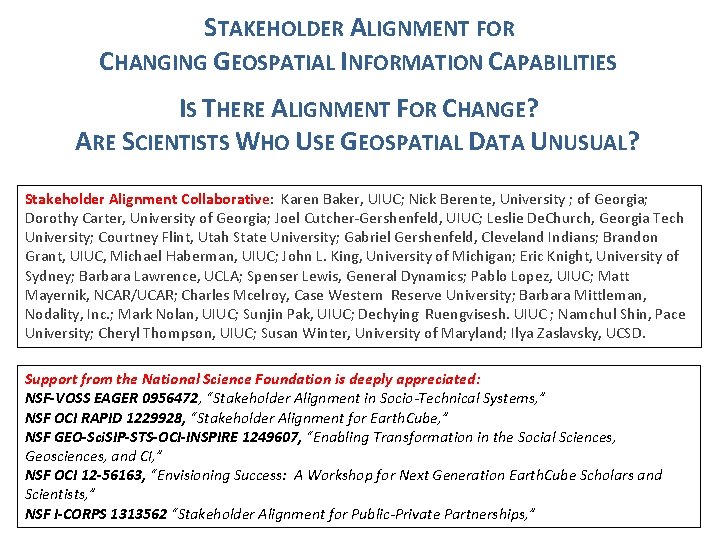 STAKEHOLDER ALIGNMENT FOR CHANGING GEOSPATIAL INFORMATION CAPABILITIES IS THERE ALIGNMENT FOR CHANGE? ARE SCIENTISTS