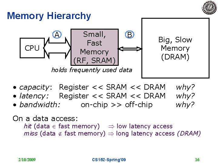 Memory Hierarchy A CPU Small, Fast Memory (RF, SRAM) B Big, Slow Memory (DRAM)