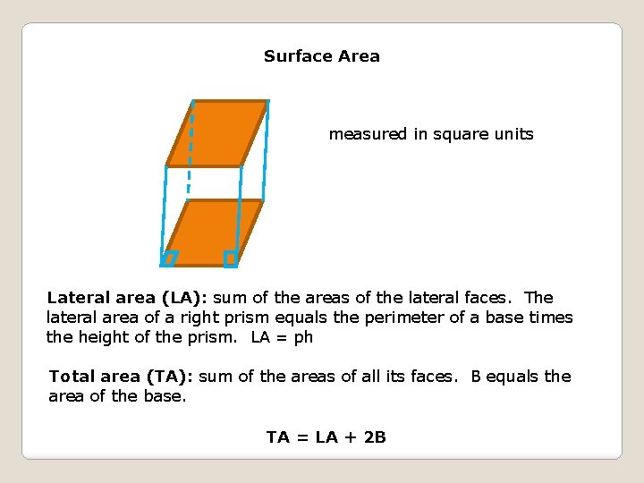 Surface Area measured in square units Lateral area (LA): sum of the areas of