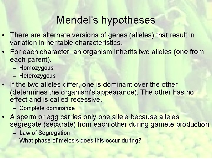 Mendel's hypotheses • There alternate versions of genes (alleles) that result in variation in