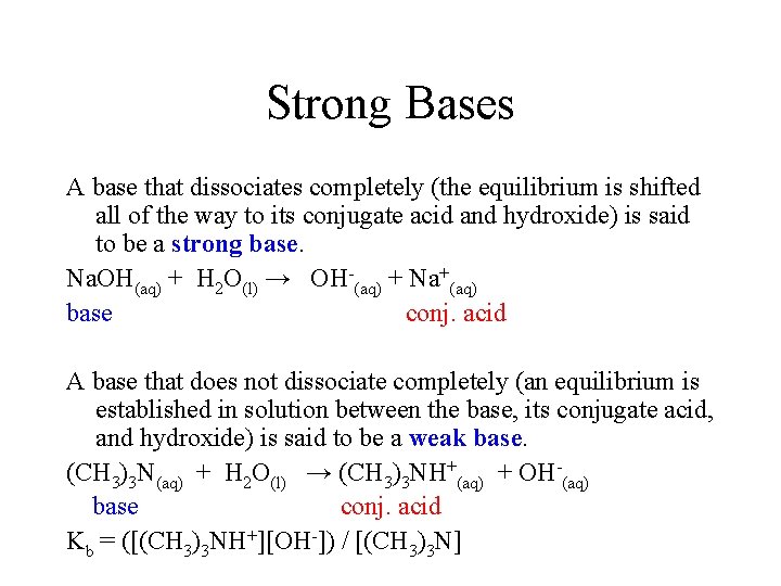 Strong Bases A base that dissociates completely (the equilibrium is shifted all of the