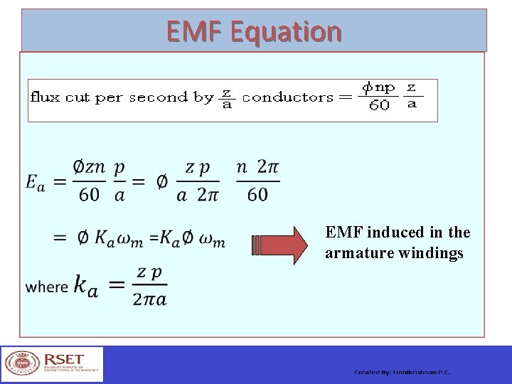 EMF Equation EMF induced in the armature windings 