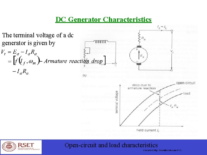 DC Generator Characteristics The terminal voltage of a dc generator is given by Open-circuit
