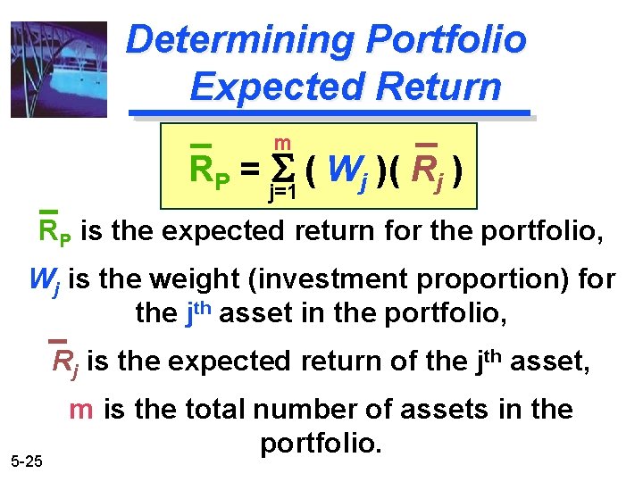 Determining Portfolio Expected Return m RP = S ( Wj )( Rj ) j=1