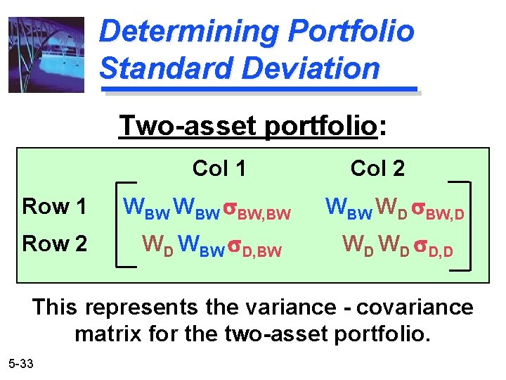 Determining Portfolio Standard Deviation Two-asset portfolio: Col 1 Col 2 Row 1 WBW s.