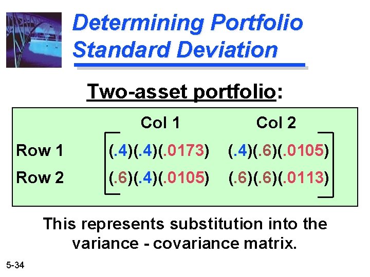 Determining Portfolio Standard Deviation Two-asset portfolio: Col 1 Col 2 Row 1 (. 4)(.