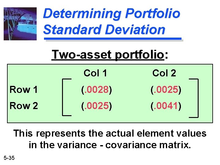 Determining Portfolio Standard Deviation Two-asset portfolio: Col 1 Col 2 Row 1 (. 0028)