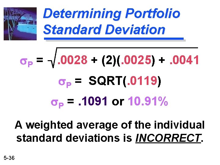 Determining Portfolio Standard Deviation s. P = . 0028 + (2)(. 0025) +. 0041