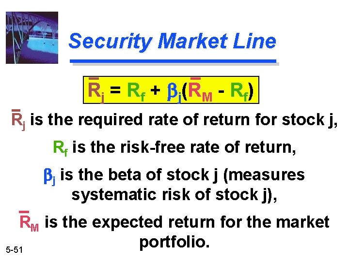 Security Market Line R j = R f + b j ( R M