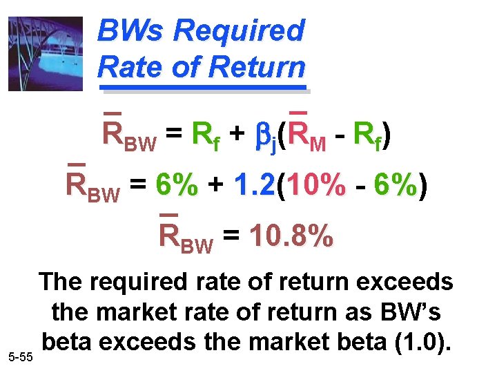 BWs Required Rate of Return RBW = Rf + bj(RM - Rf) RBW =