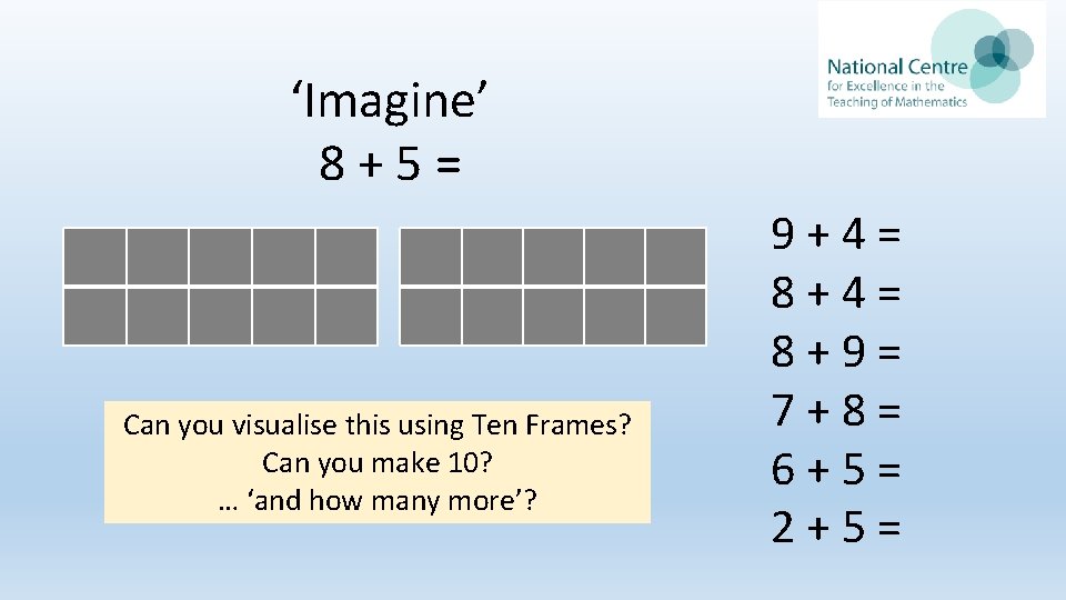 ‘Imagine’ 8 + 5 = Can you visualise this using Ten Frames? Can you