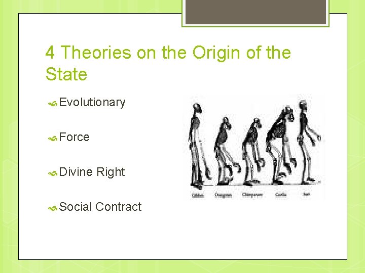 4 Theories on the Origin of the State Evolutionary Force Divine Right Social Contract