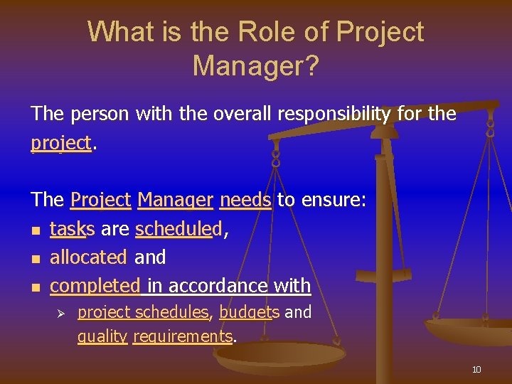 What is the Role of Project Manager? The person with the overall responsibility for