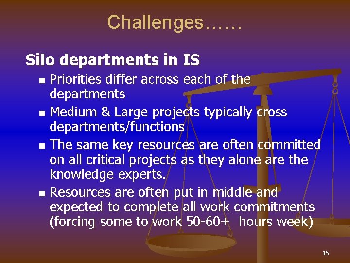 Challenges…… Silo departments in IS Priorities differ across each of the departments n Medium