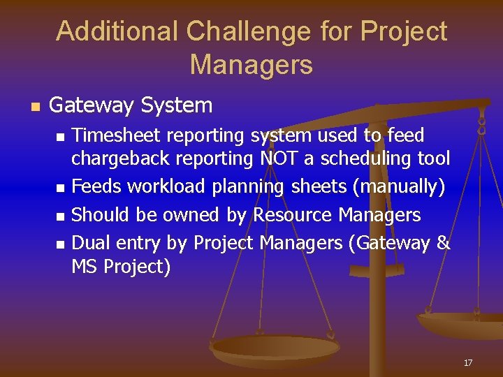 Additional Challenge for Project Managers n Gateway System Timesheet reporting system used to feed