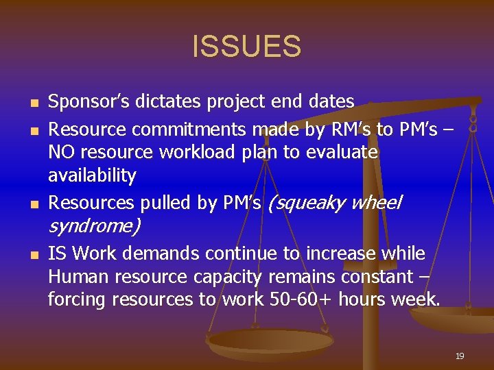 ISSUES n n Sponsor’s dictates project end dates Resource commitments made by RM’s to