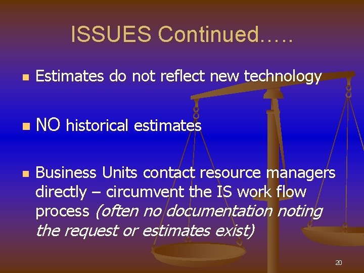 ISSUES Continued…. . n Estimates do not reflect new technology n NO historical estimates