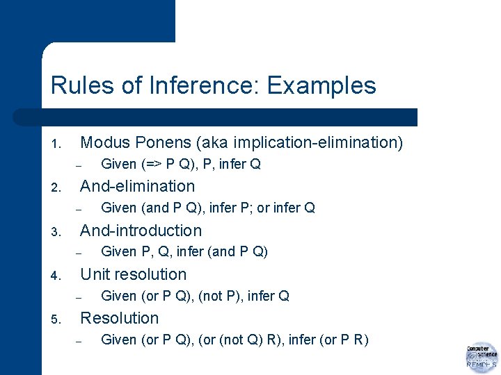 Rules of Inference: Examples 1. Modus Ponens (aka implication-elimination) – 2. And-elimination – 3.