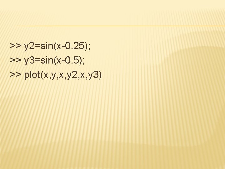 >> y 2=sin(x-0. 25); >> y 3=sin(x-0. 5); >> plot(x, y, x, y 2,