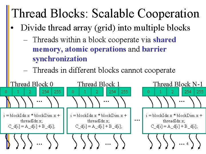 Thread Blocks: Scalable Cooperation • Divide thread array (grid) into multiple blocks – Threads